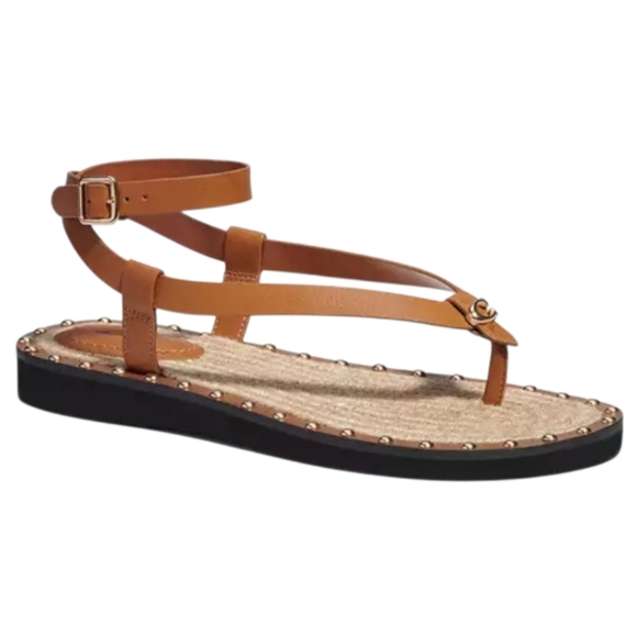 Coach Gracey Thong Sandals British Tan Leather Studs Gold Signature C Wmns 6.5 - Picture 1 of 9